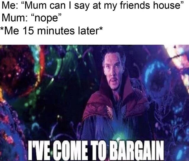 meme memes that make me chuckle - Me Mum can I say at my friends house Mum nope" Me 15 minutes later Ive Come To Bargain