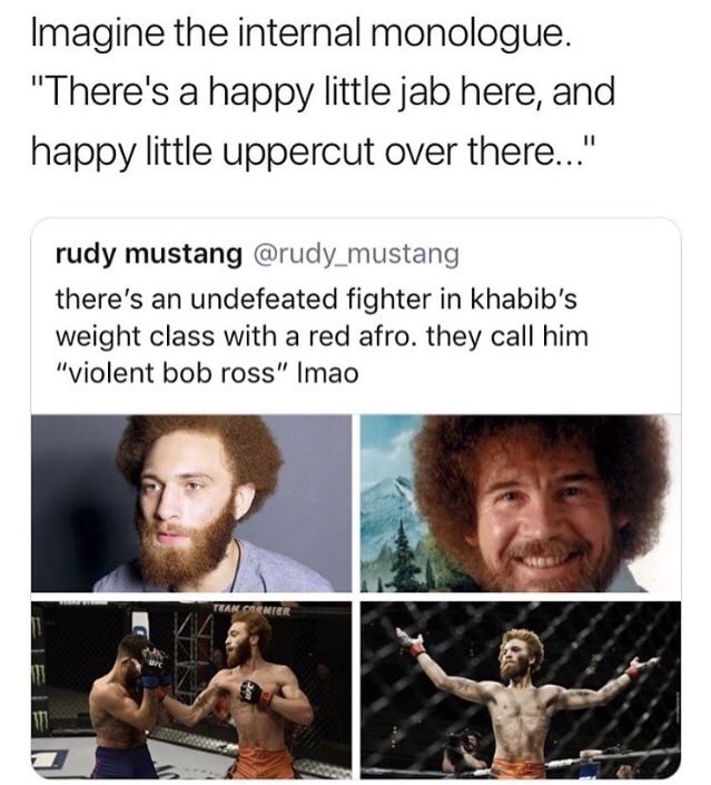 bob ross - Imagine the internal monologue. "There's a happy little jab here, and happy little uppercut over there..." rudy mustang there's an undefeated fighter in khabib's weight class with a red afro. they call him "violent bob ross" Imao Tean Chemie
