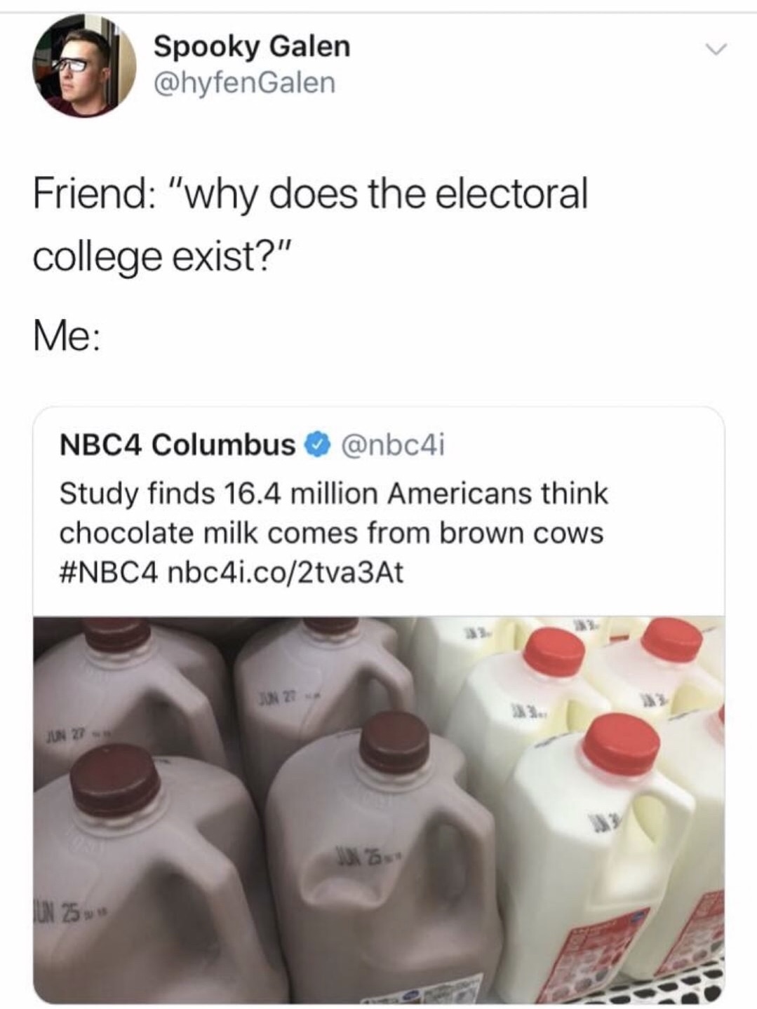 americans chocolate milk - Spooky Galen Friend "why does the electoral college exist?" Me NBC4 Columbus Study finds 16.4 million Americans think chocolate milk comes from brown cows nbc4i.co2tva3At Onze Jun 27 Ju Un 25 w