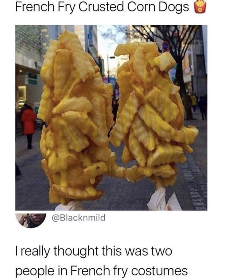 french fry crusted corn dogs - French Fry Crusted Corn Dogs Treally thought this was two people in French fry costumes