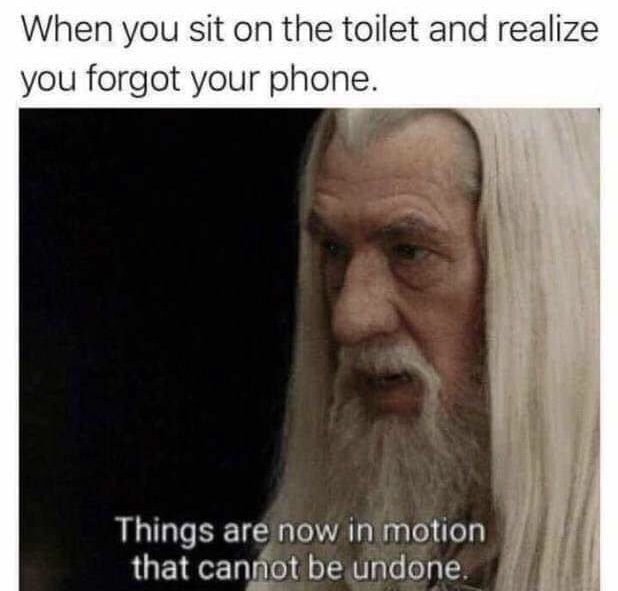 funny memes lord of the rings - When you sit on the toilet and realize you forgot your phone. Things are now in motion that cannot be undone.