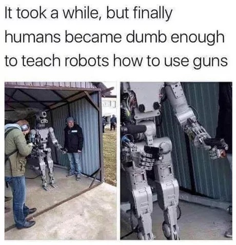 humans teach robots how to use guns - It took a while, but finally humans became dumb enough to teach robots how to use guns