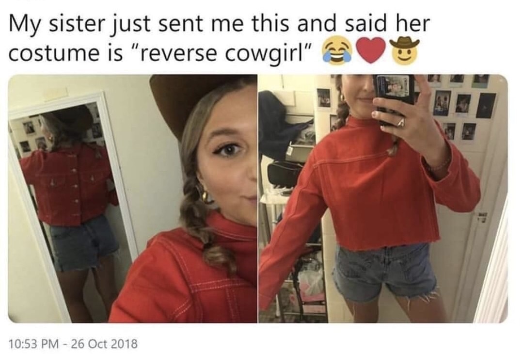 yeehaw puns - My sister just sent me this and said her costume is "reverse cowgirl"