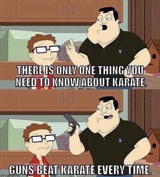 meme - guns beat karate - There Is Only One Thing You Need To Know About Karate. Guns Beat Karate Every Time. imafilm.com