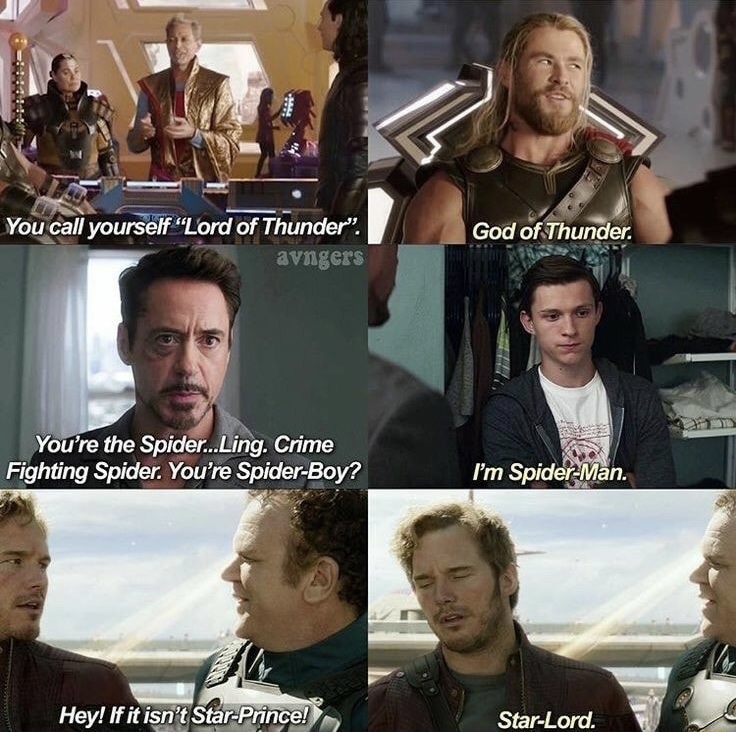 memes - funny marvel memes - God of Thunder. You call yourself "Lord of Thunder". avngers You're the Spider...Ling. Crime Fighting Spider. You're SpiderBoy? I'm SpiderMan. Hey! If it isn't StarPrince! StarLord.