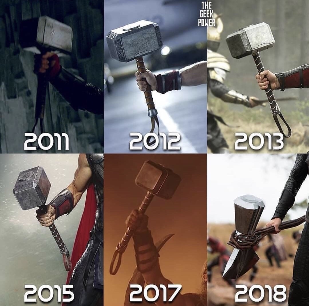 memes - mjolnir changes in mcu - The Geek Power 2011 2012 2015 2017 2018