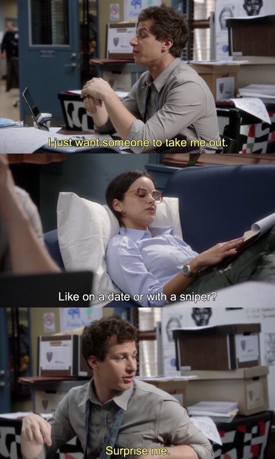 Brooklyn 99 meme about just wanting to be taken out either for dinner or with a sniper