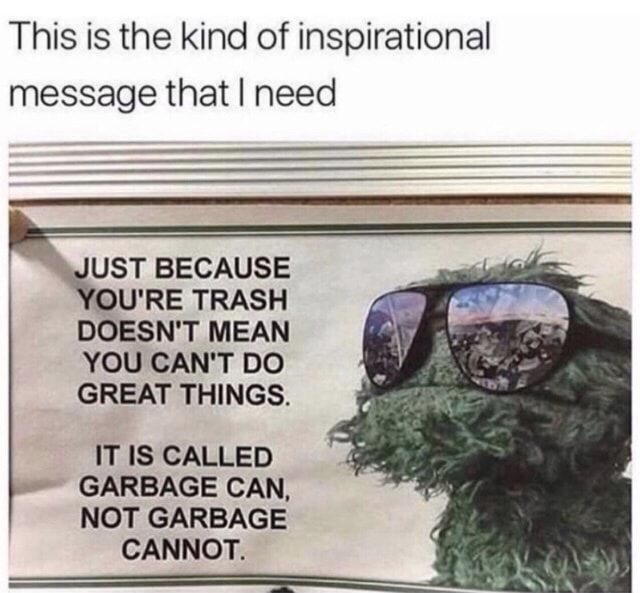 dank its called garbage can - This is the kind of inspirational message that I need Just Because You'Re Trash Doesn'T Mean You Can'T Do Great Things. It Is Called Garbage Can, Not Garbage Cannot.