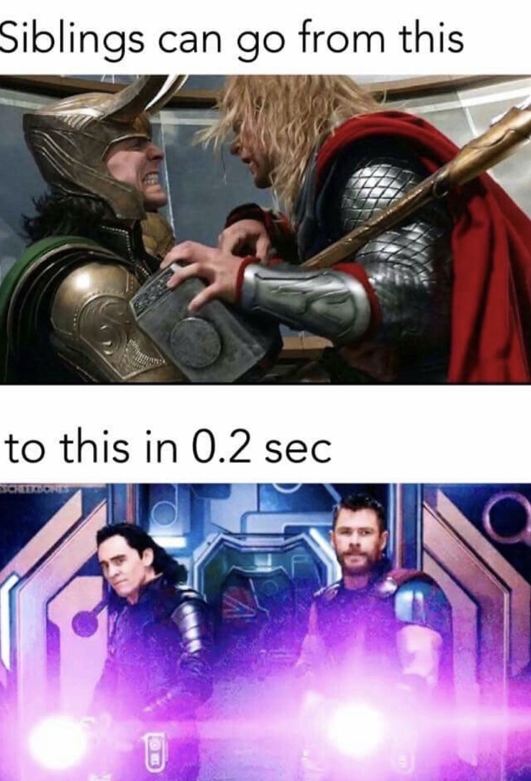 thor sibling meme - Siblings can go from this to this in 0.2 sec