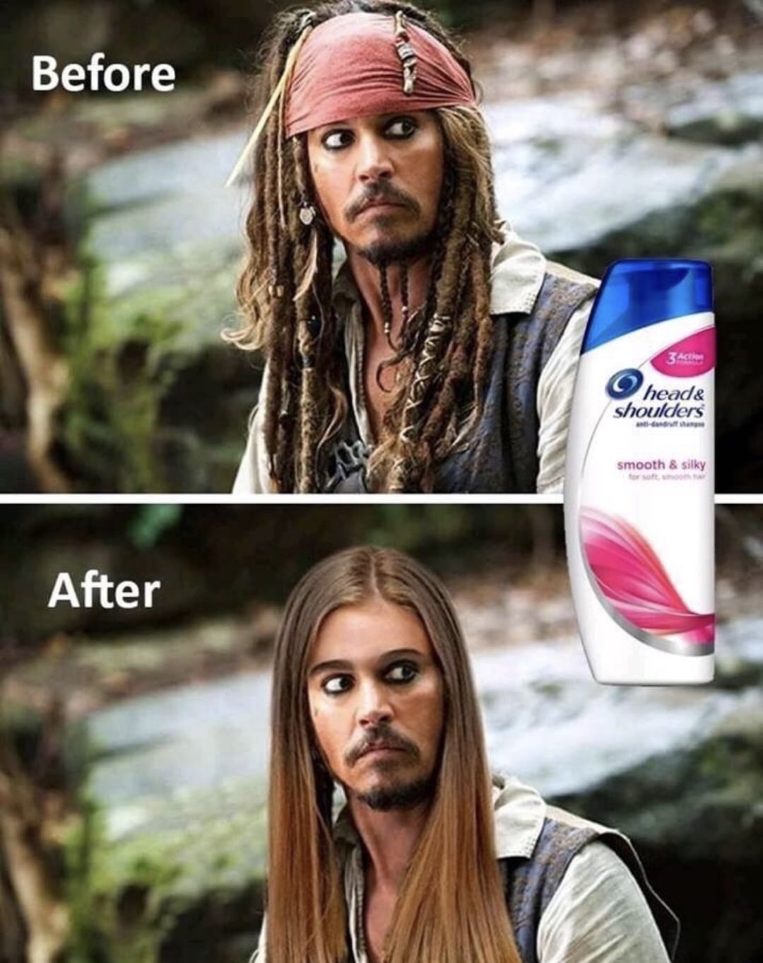 Jack Sparrow meme of Johnny Depp with slick hair after head and shoulders use
