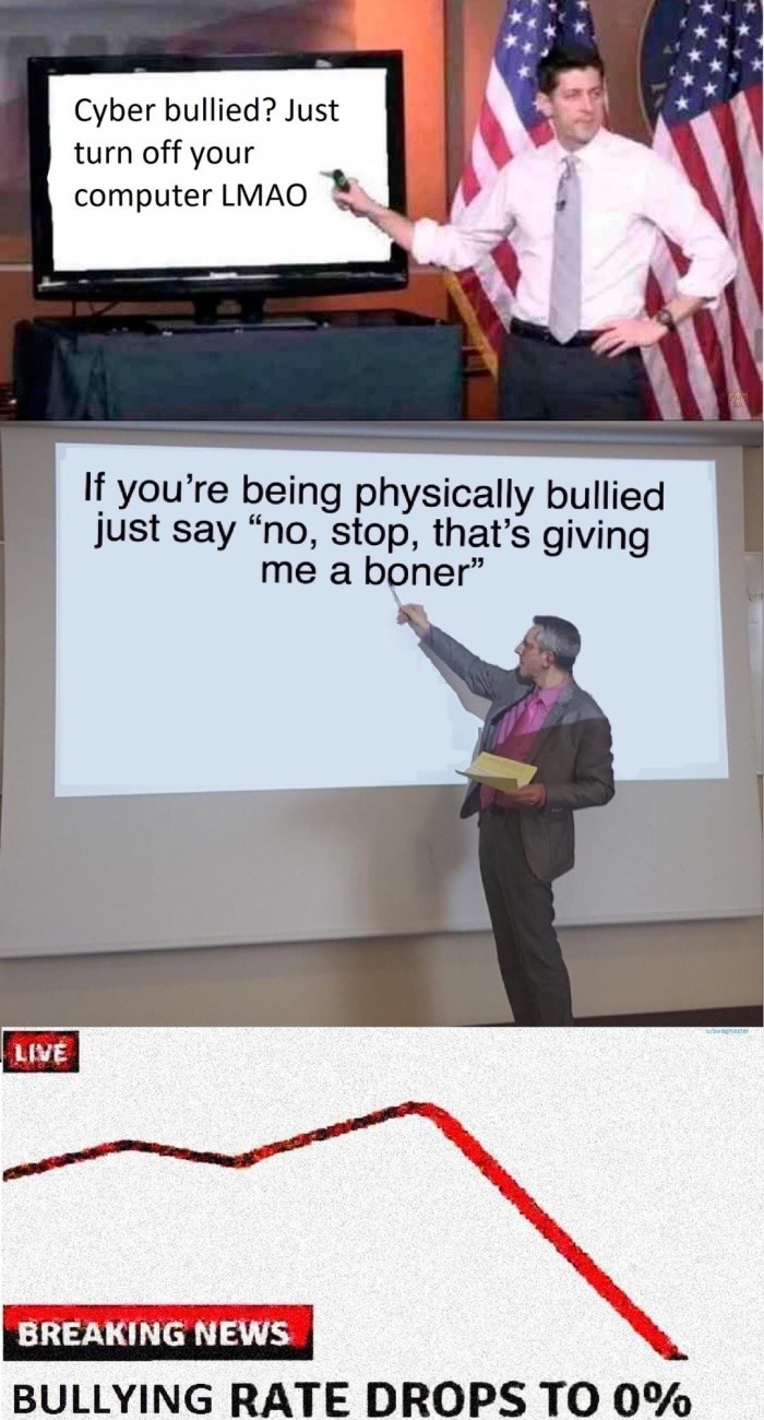 memes - domesticated memes - Cyber bullied? Just turn off your computer Lmao If you're being physically bullied just say no, stop, that's giving me a boner" Live Breaking News Bullying Rate Drops To 0%