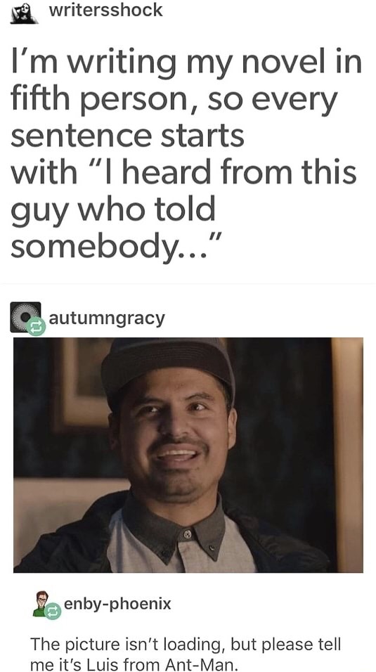 memes - enby memes - writersshock I'm writing my novel in fifth person, so every sentence starts with I heard from this guy who told somebody..." autumngracy Senbyphoenix The picture isn't loading, but please tell me it's Luis from AntMan.