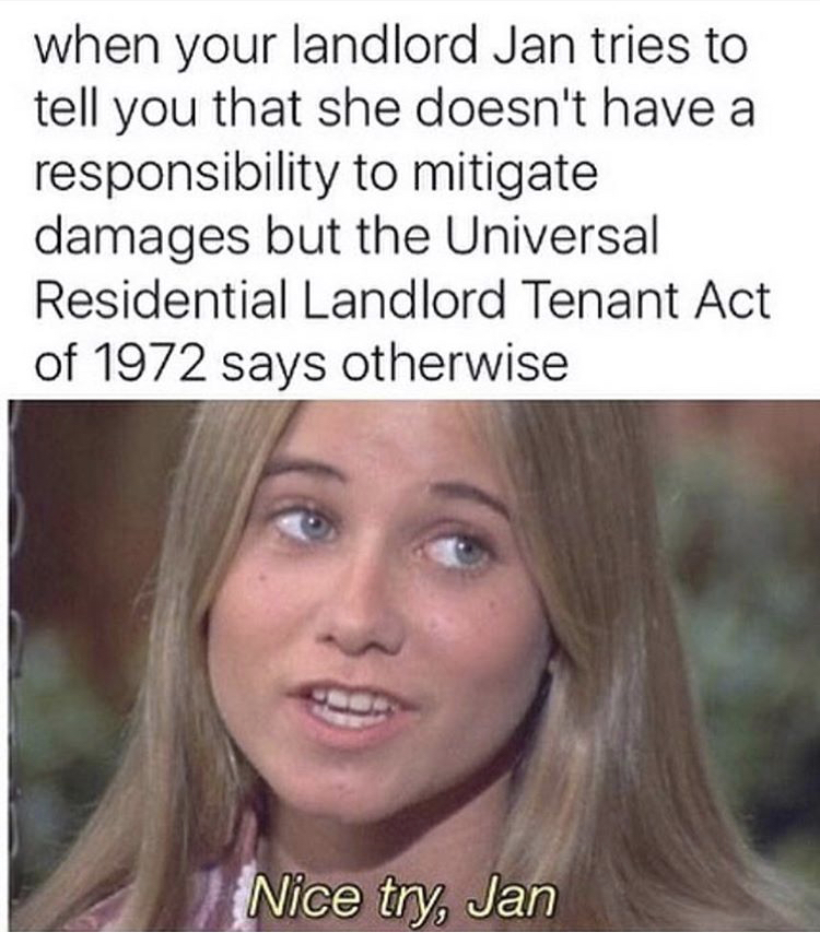 smile - when your landlord Jan tries to tell you that she doesn't have a responsibility to mitigate damages but the Universal Residential Landlord Tenant Act of 1972 says otherwise Nice try, Jan