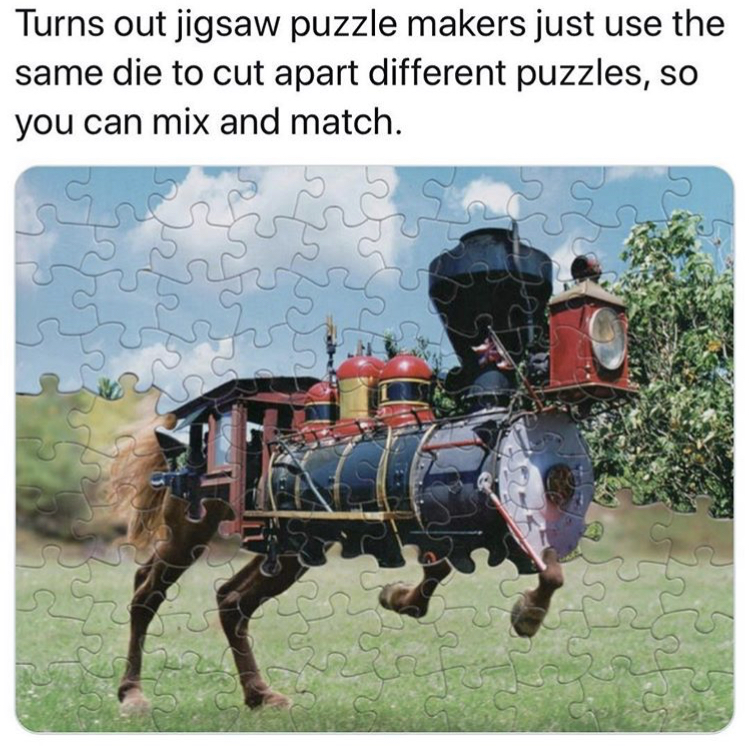 tim klein puzzles - Turns out jigsaw puzzle makers just use the same die to cut apart different puzzles, so you can mix and match.