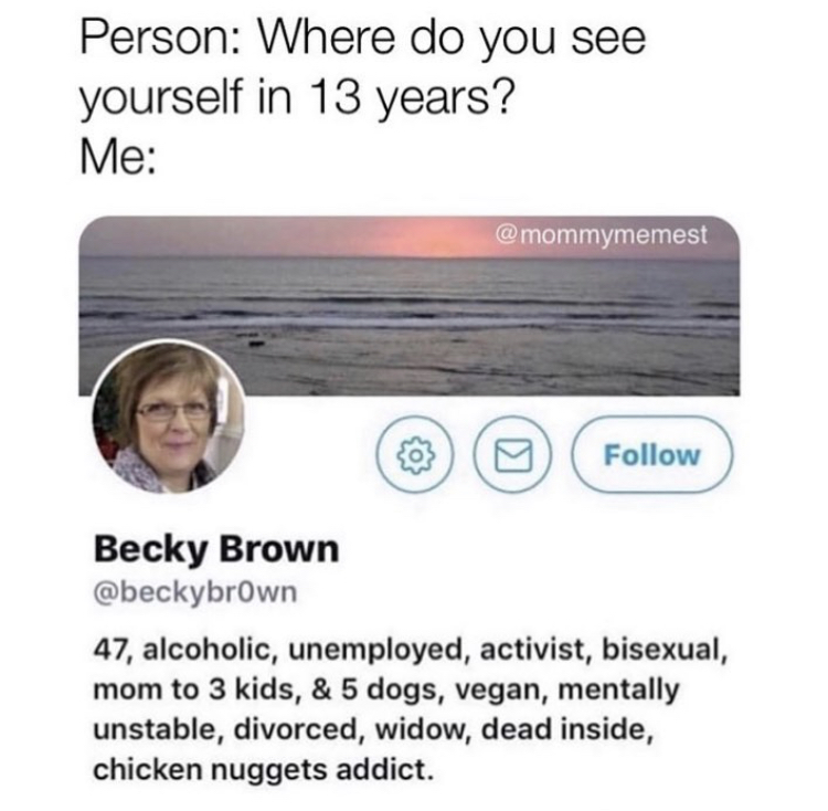 do you see yourself in 5 years meme - Person Where do you see yourself in 13 years? Me Becky Brown 47, alcoholic, unemployed, activist, bisexual, mom to 3 kids, & 5 dogs, vegan, mentally unstable, divorced, widow, dead inside, chicken nuggets addict.