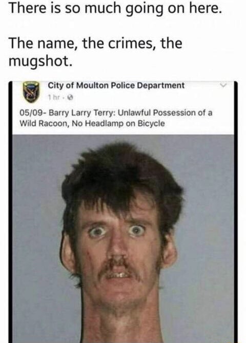 memes - barry larry terry meme - There is so much going on here. The name, the crimes, the mugshot. City of Moulton Police Department 1 hr. 0509 Barry Larry Terry Unlawful Possession of a Wild Racoon, No Headlamp on Bicycle