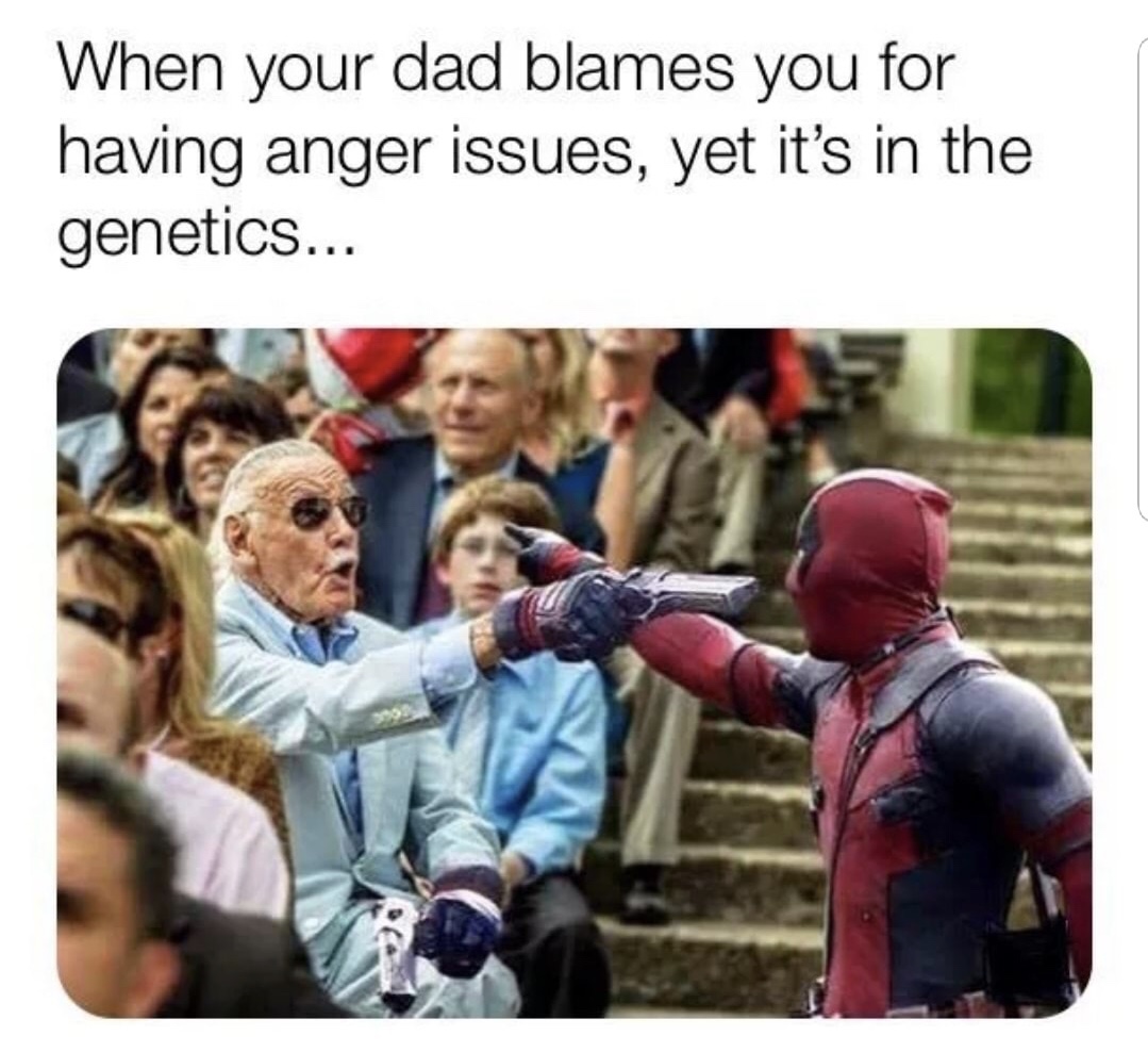 memes - deadpool stan lee meme - When your dad blames you for having anger issues, yet it's in the genetics...