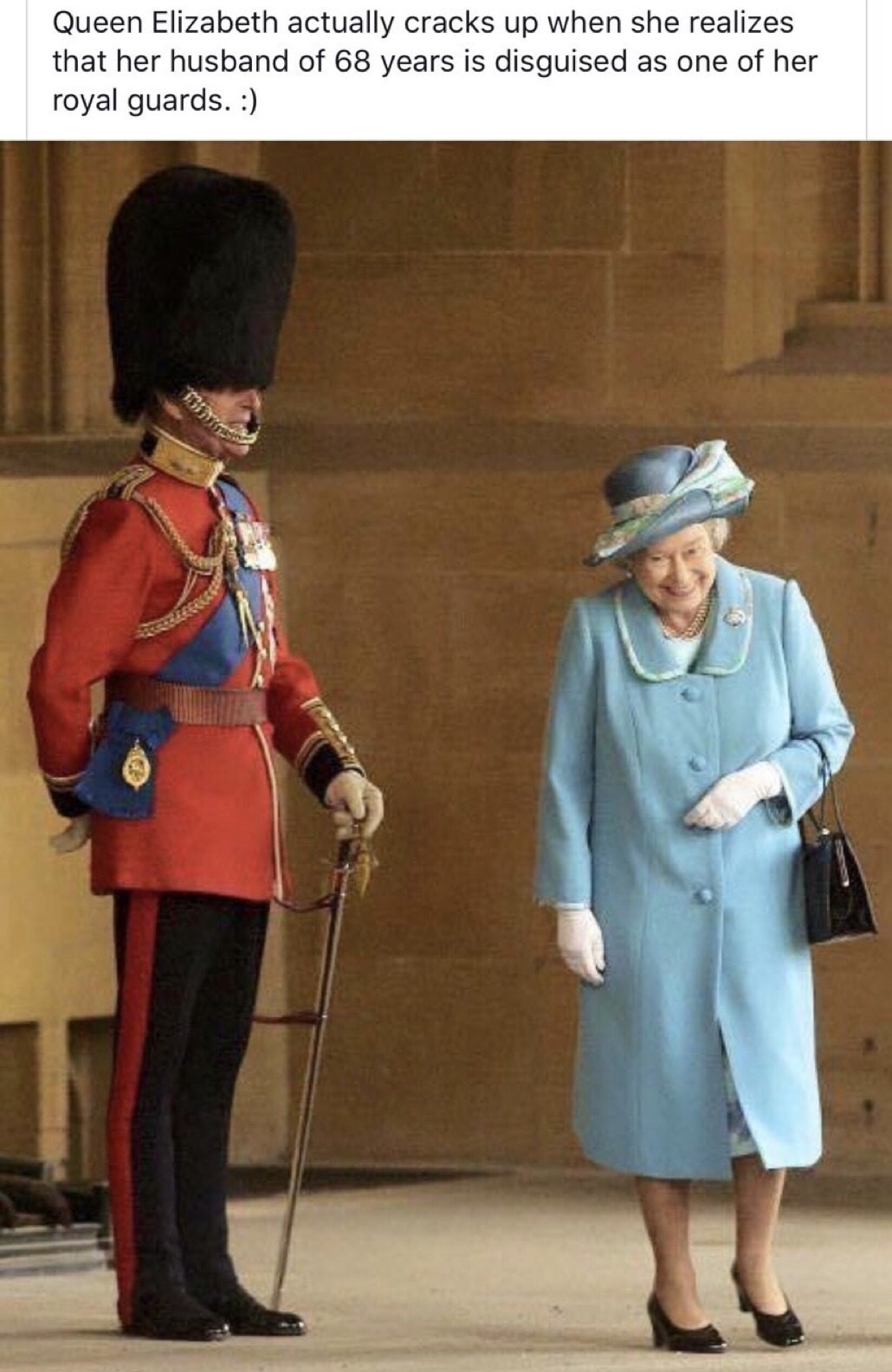 meme stream - prince philip uniform queen elizabeth - Queen Elizabeth actually cracks up when she realizes that her husband of 68 years is disguised as one of her royal guards.