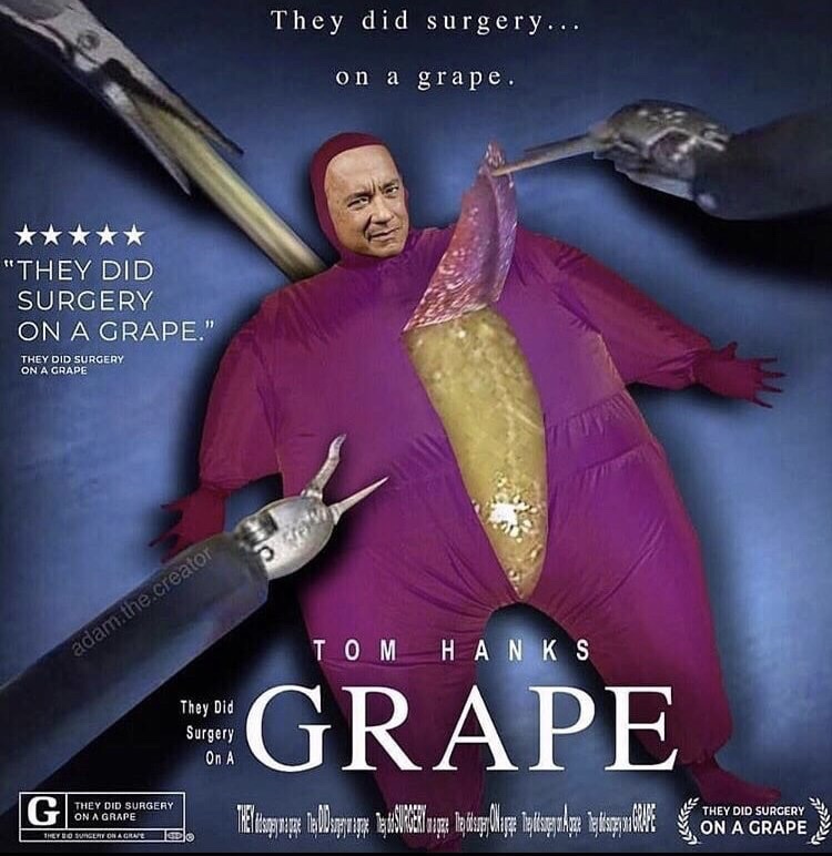 they did surgery on a grape - They did surgery... on a grape. "They Did Surgery On A Grape." They Did Surgery On A Grape adam.the.creator Tom Hanks They Did Surgery On A Grape G oekenen. They Did Surgery On A Grape Agravedo Eligen bola un bei ge bukur dhe