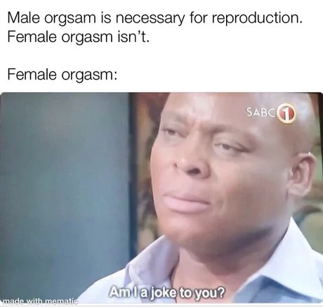 am ia joke to you meme - Male orgsam is necessary for reproduction. Female orgasm isn't. Female orgasm Sabc Amla joke to you? made with mematic
