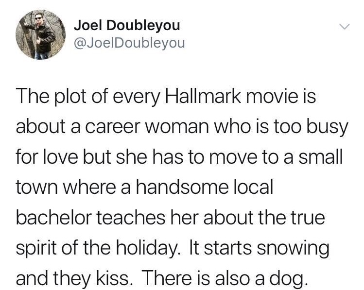 plot of every hallmark movie - Joel Doubleyou The plot of every Hallmark movie is about a career woman who is too busy for love but she has to move to a small town where a handsome local bachelor teaches her about the true spirit of the holiday. It starts