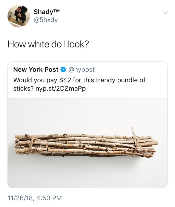 memes- wood - ShadyTM How white do I look? New York Post Would you pay $42 for this trendy bundle of sticks? nyp.st2DZmapp 112618,