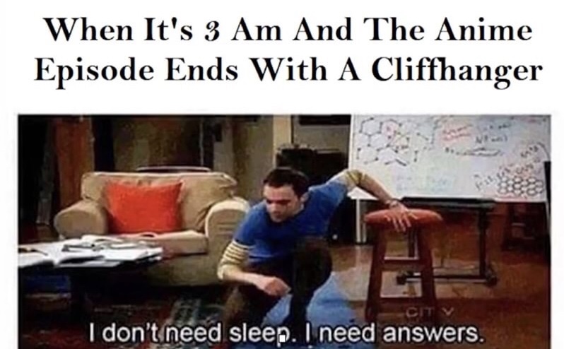 funny memes about book readers - When It's 3 Am And The Anime Episode Ends With A Cliffhanger I don't need sleep. I need answers.