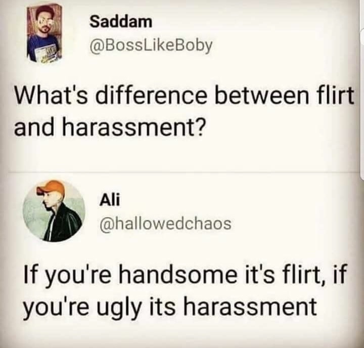 dank meme about photo caption - Saddam What's difference between flirt and harassment? Ali If you're handsome it's flirt, if you're ugly its harassment