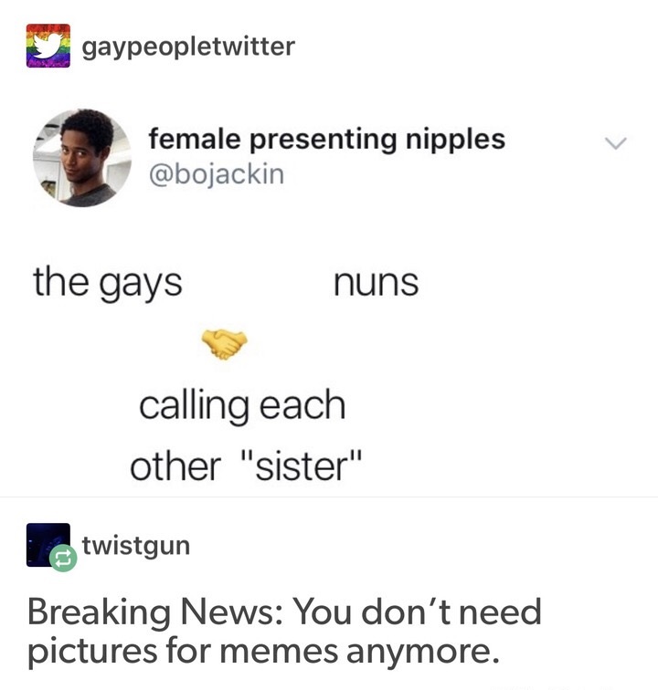 document - y gaypeopletwitter female presenting nipples the gays nuns calling each other "sister" twistgun Breaking News You don't need pictures for memes anymore.