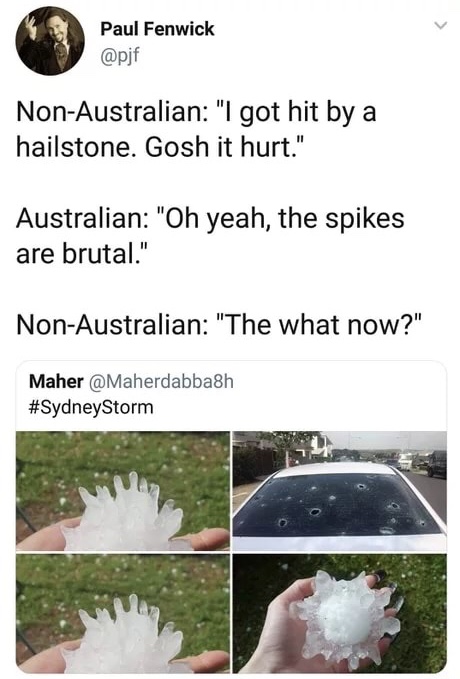 australian hail meme - Paul Fenwick NonAustralian "I got hit by a hailstone. Gosh it hurt." Australian "Oh yeah, the spikes are brutal." NonAustralian "The what now?" Maher Storm