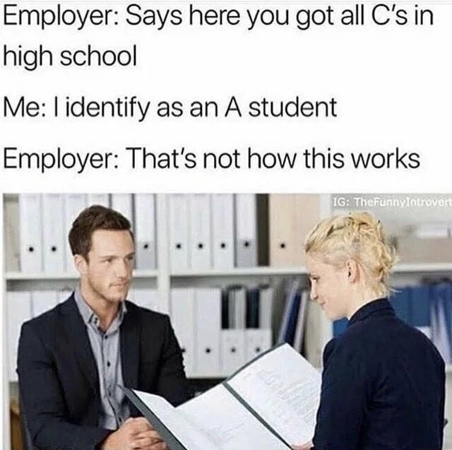 memes - business interview - Employer Says here you got all C's in high school Me I identify as an A student Employer That's not how this works 16 TheFunny Introver