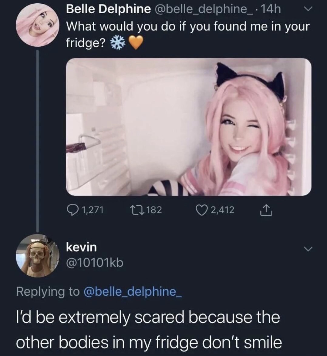 funny memes - Internet meme - Belle Delphine 14h vi What would you do if you found me in your fridge? 1,271 22182 2,412 I kevin I'd be extremely scared because the other bodies in my fridge don't smile