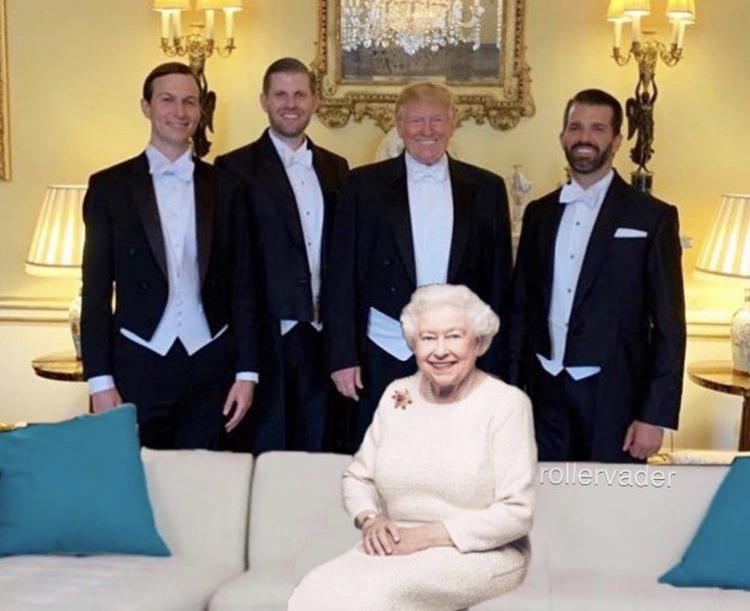 memes - meme Donald Trump and his sons standing behind the queen of England