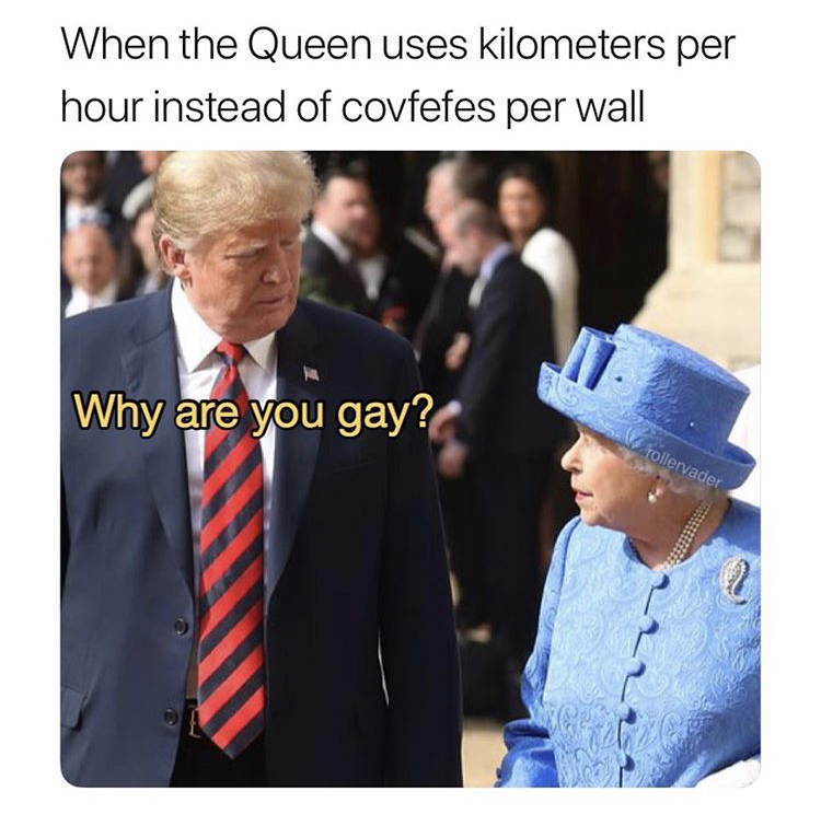 meme bad picture for queen elizabeth - When the Queen uses kilometers per hour instead of covfefes per wall Why are you gay?