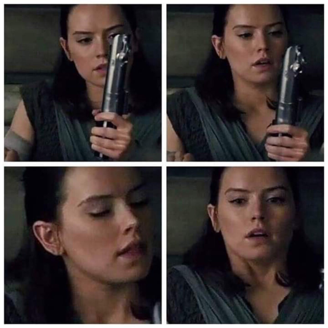 Rey trying her lightsaber as if it is a dildo type toy