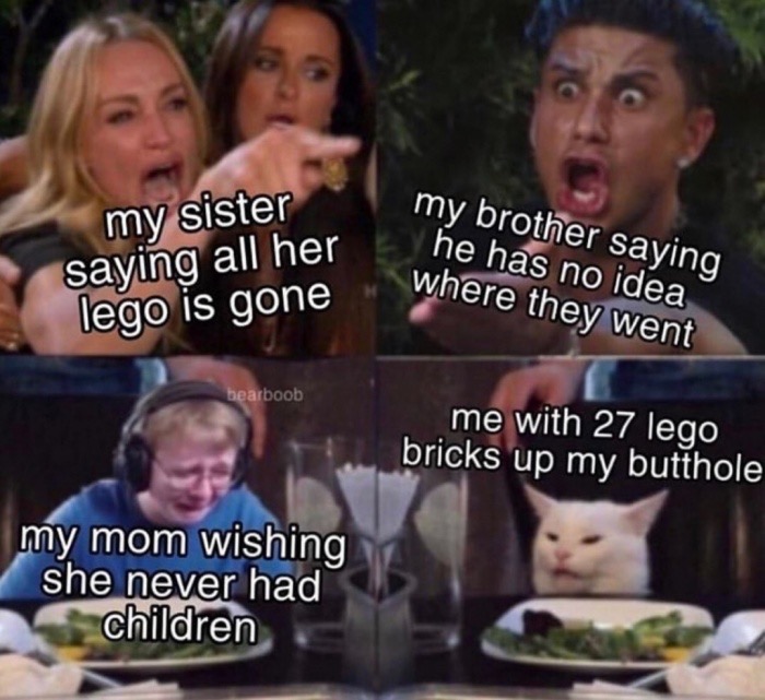 Meme - my sister saying all her lego is gone my brother saying he has no idea where they went bearboob me with 27 lego bricks up my butthole my mom wishing she never had children