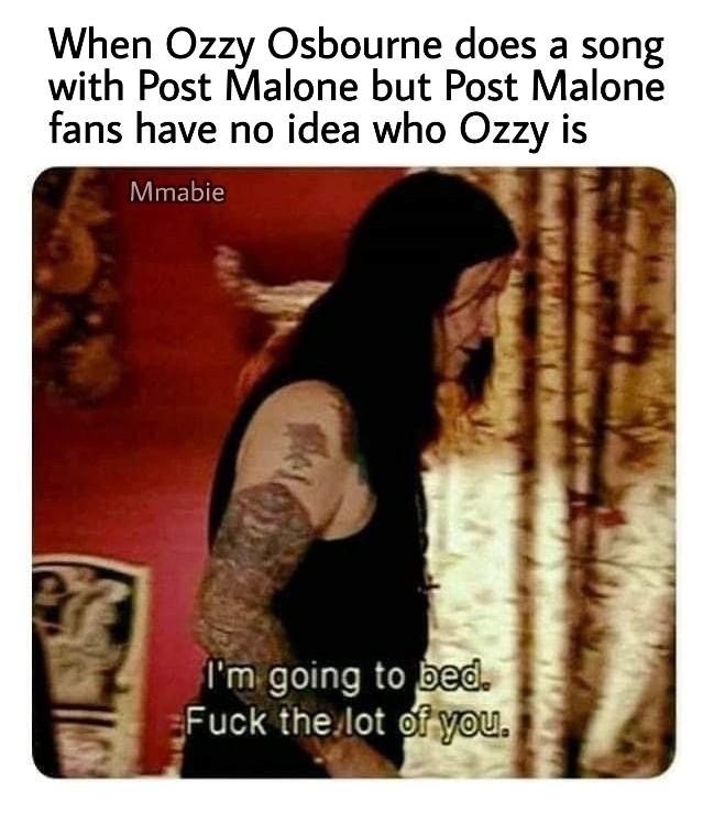 ozzy osbourne funny quotes - When Ozzy Osbourne does a song with Post Malone but Post Malone fans have no idea who Ozzy is Mmabie I'm going to bed. Fuck the lot of you.