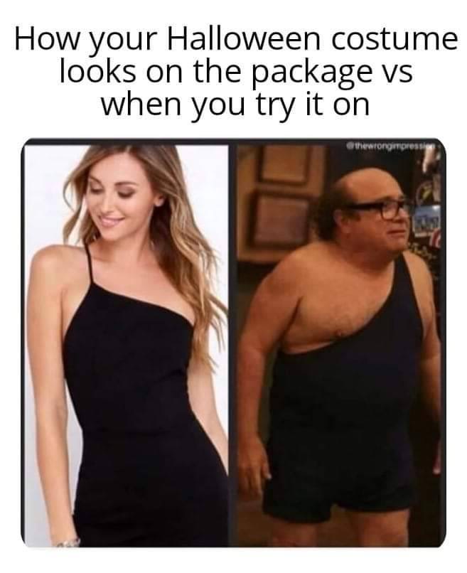 humpday meme - shoulder - How your Halloween costume looks on the package vs when you try it on the wrongipress