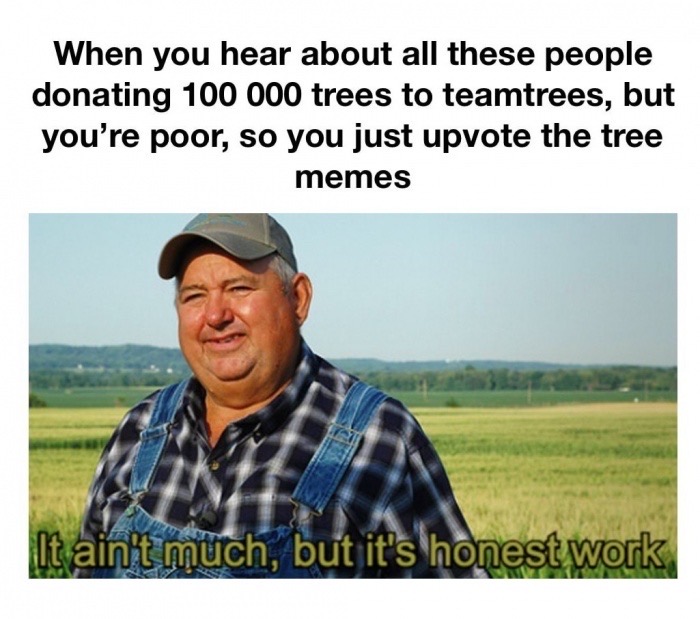 bran honest work meme - When you hear about all these people donating 100 000 trees to teamtrees, but you're poor, so you just upvote the tree memes It ain't much, but it's honest work