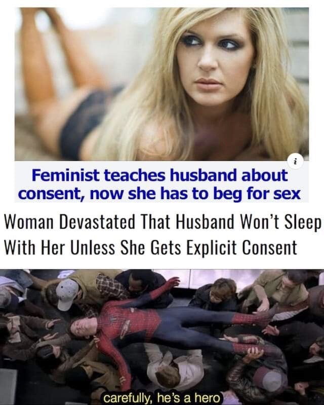 carefully he's a hero meme - Feminist teaches husband about consent, now she has to beg for sex Woman Devastated That Husband Won't Sleep With Her Unless She Gets Explicit Consent carefully, he's a hero