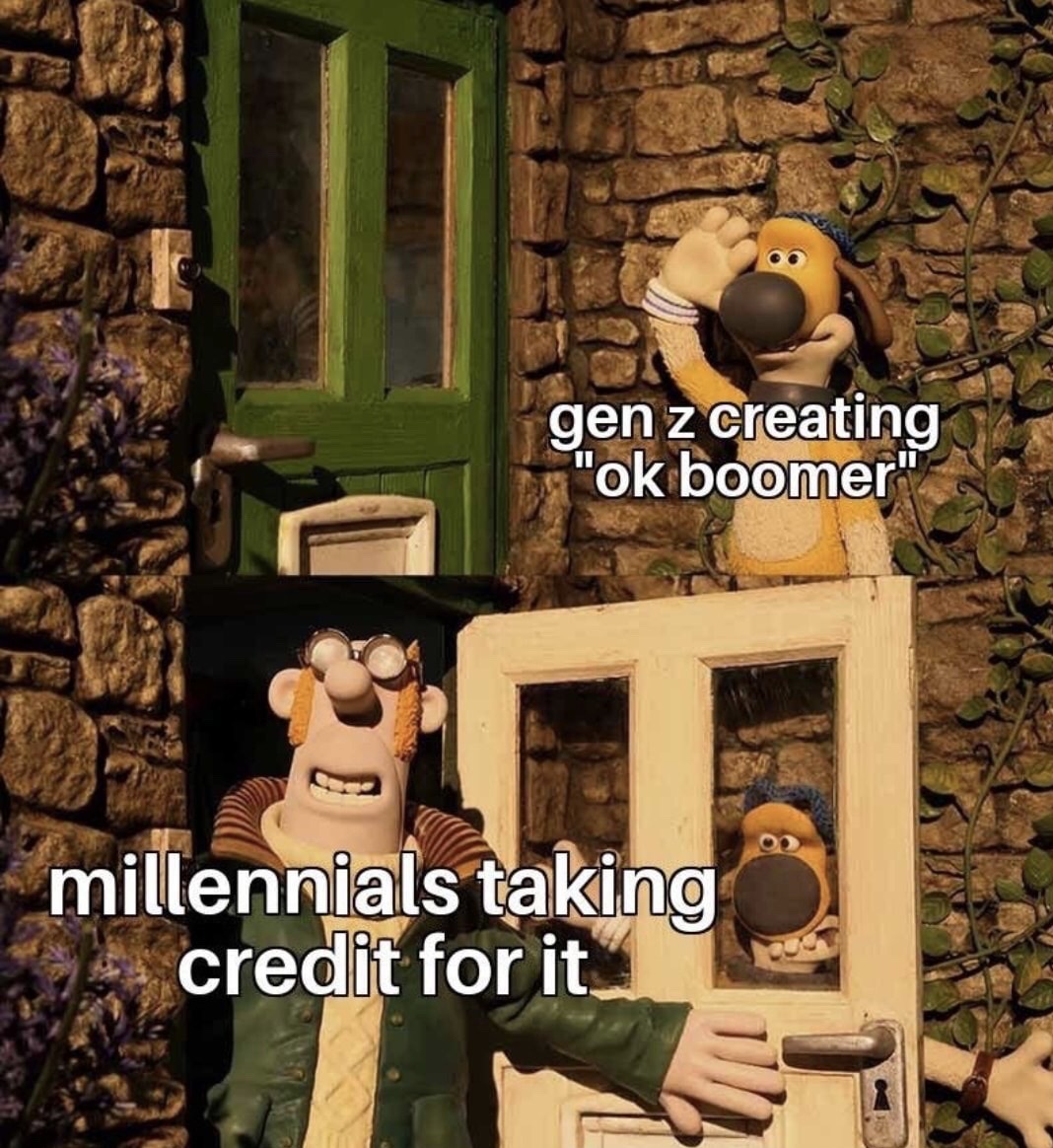 shaun the sheep door meme - gen z creating "ok boomer" millennials taking credit for it