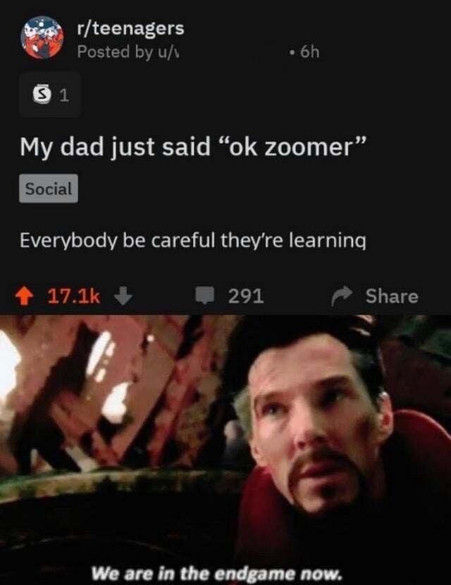 we re in the endgame now meme - rteenagers Posted by u 6h 51 My dad just said "ok zoomer Social Everybody be careful they're learning 291 We are in the endgame now.