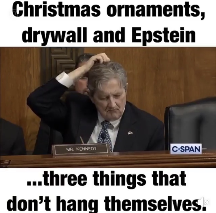 photo caption - Christmas ornaments, drywall and Epstein Mr. Kennedy CSpan ...three things that don't hang themselves.