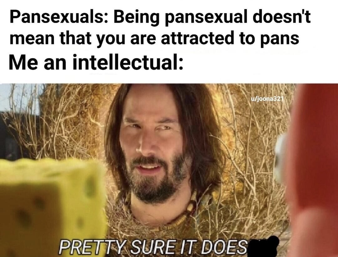 keanu reeves spongebob meme - Pansexuals Being pansexual doesn't mean that you are attracted to pans Me an intellectual ujoona321 Pretty Sure It Does