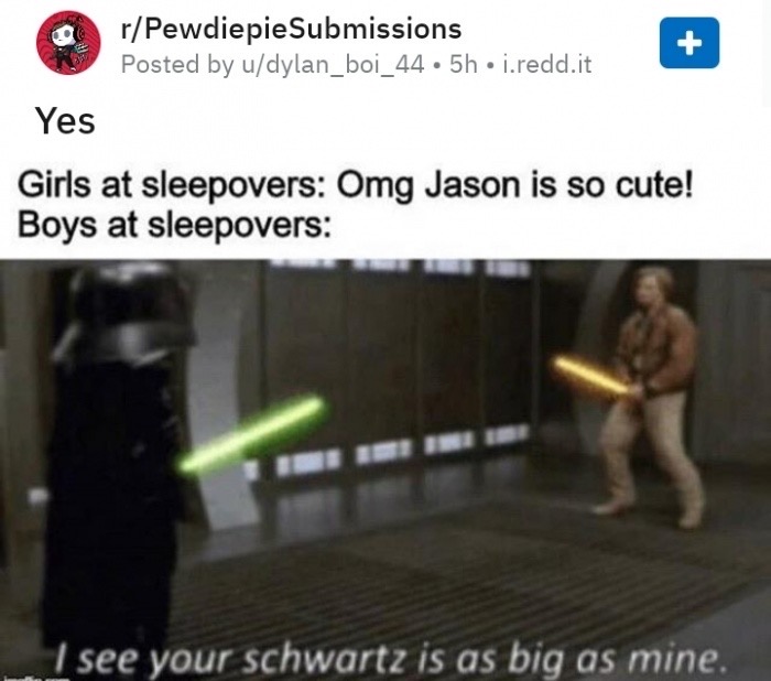 your schwartz is as big as mine - rPewdiepie Submissions Posted by udylan_boi_44.5h. i.redd.it Yes Girls at sleepovers Omg Jason is so cute! Boys at sleepovers I see your schwartz is as big as mine.