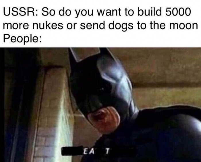 they meme - Ussr So do you want to build 5000 more nukes or send dogs to the moon People