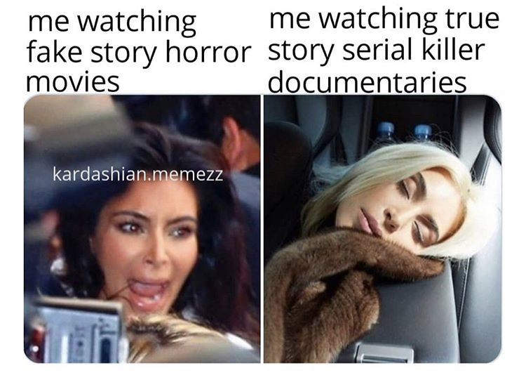 photo caption - me watching me watching true fake story horror story serial killer movies documentaries kardashian.memezz