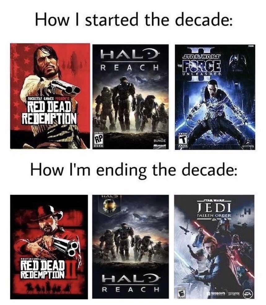 started the decade meme - How I started the decade Hal? I Reach Jtar Wars Force Unleashed. Rockstar Games Nesis Red Dead Redemption Bunge How I'm ending the decade Star Wars Jedi Fallen Order Biistarews Red Dead Redemption Halo Re A Respew Sfimea