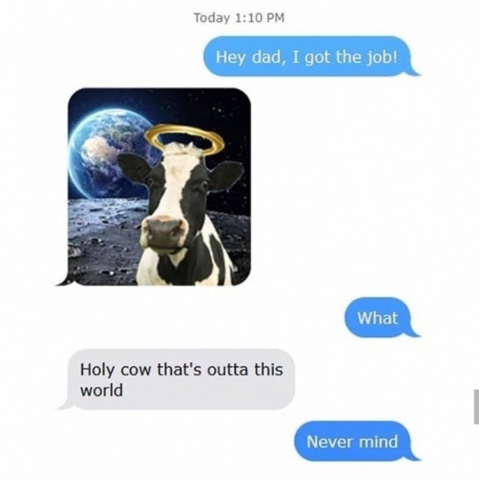 hey dad i got the job meme - Today Hey dad, I got the job! What Holy cow that's outta this world Never mind