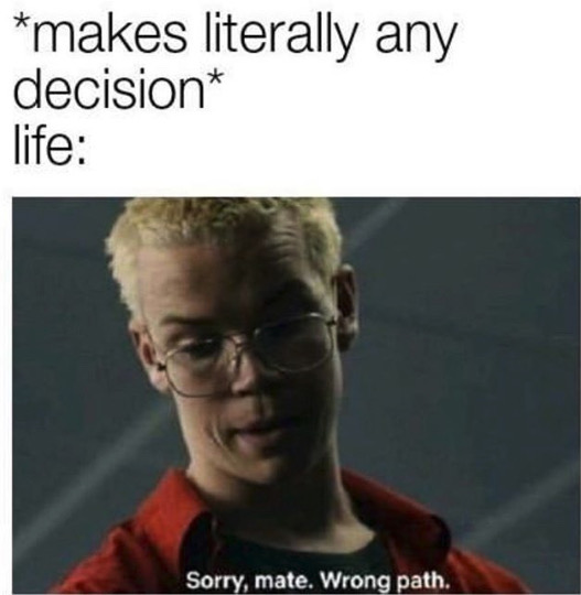 meme 2019 - makes literally any decision life Sorry, mate. Wrong path.